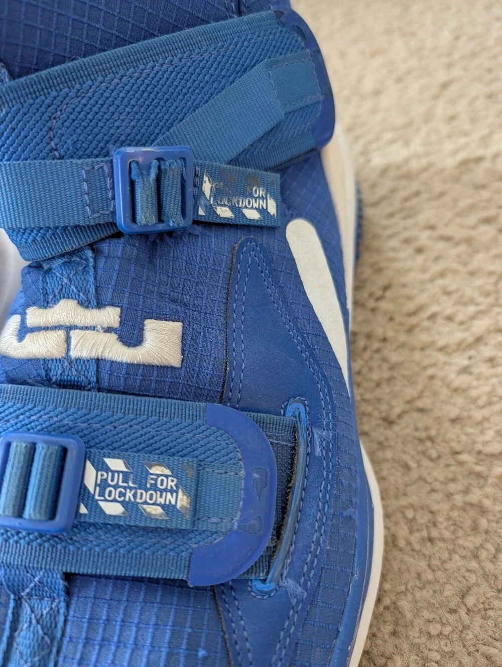 Nike Mens LeBron Soldier Basketball Blue and White High-Top Athletic Shoes
